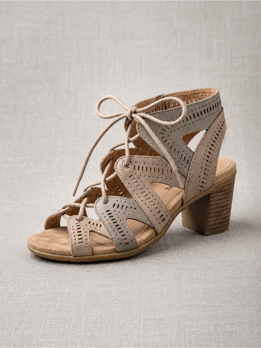 Steph Mali Earth Origins Taupe Lace-Up Perforated Block Heel Sandal